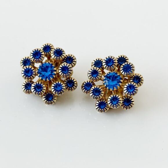 Vintage Czech Rhinestone Clip On Earrings Blue - Picture 2 of 9